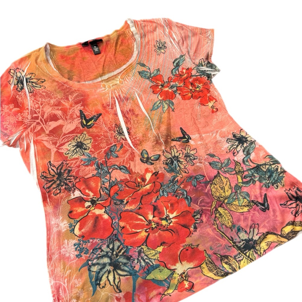 Deluxe L.A. blues XL Orange Floral Butterfly Top with Cap Short Sleeve